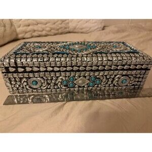 Silver&jewel Inlaid Moroccan/Middle EasternJewelry Wedding Box Velvet Lined BoHo